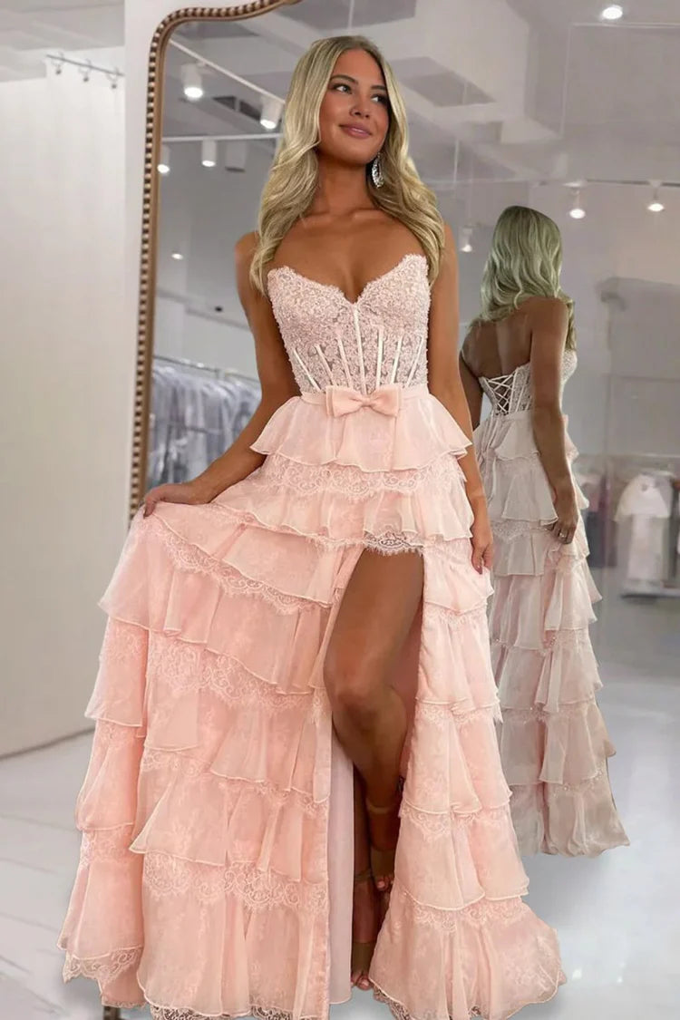 Romantic Fitted A-Line Sweetheart Neck Sleeveless Lace-Up Back Floor-Length Prom Gown