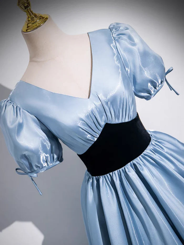 A-Line V-Neck Prom Dress Short Sleeves Satin Princess Prom Dresses