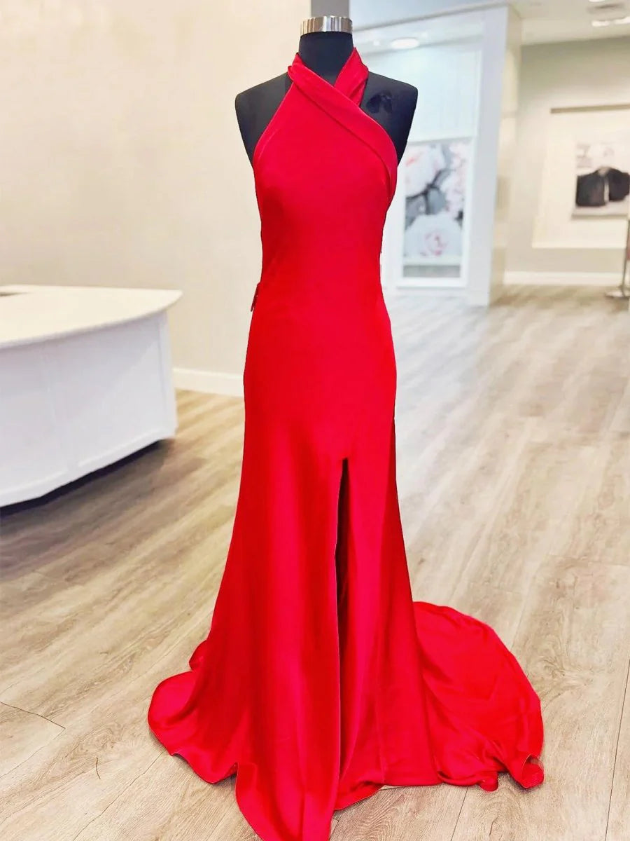 Red Halter Satin Mermaid Long Retract Your Waist Party Dress