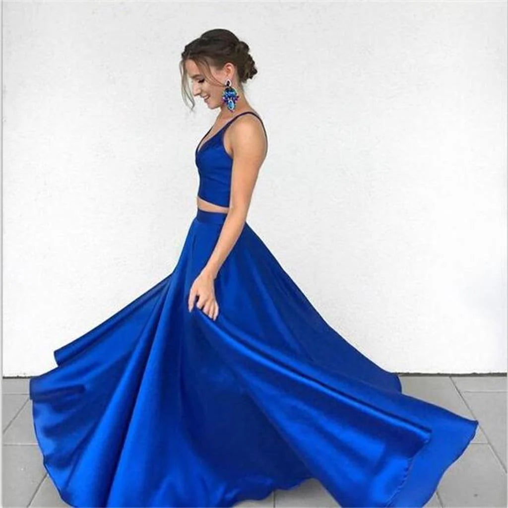 Two Piece Deep V-Neck Royal Blue Satin Full Of Charm Prom Dress