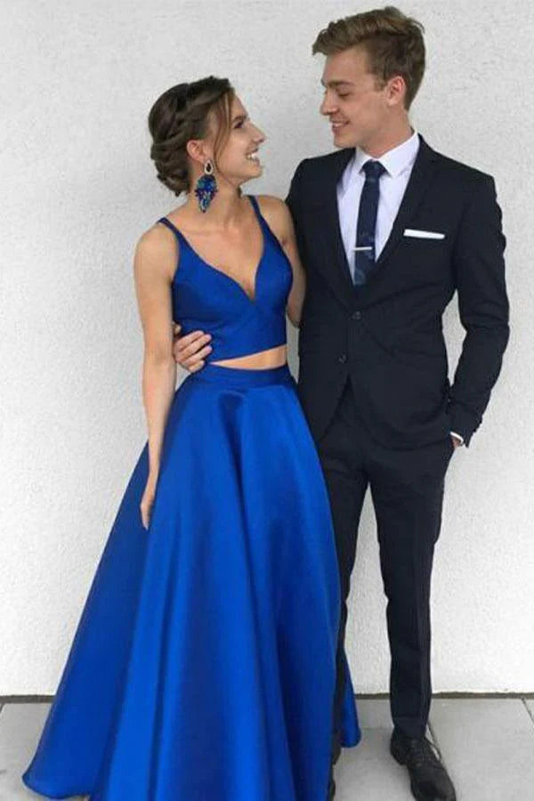 Two Piece Deep V-Neck Royal Blue Satin Full Of Charm Prom Dress