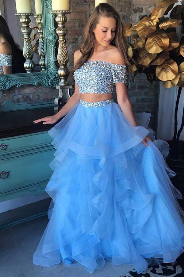 Two Piece Off-the-Shoulder Blue Tiered Organza Full Of Charm Prom Dress