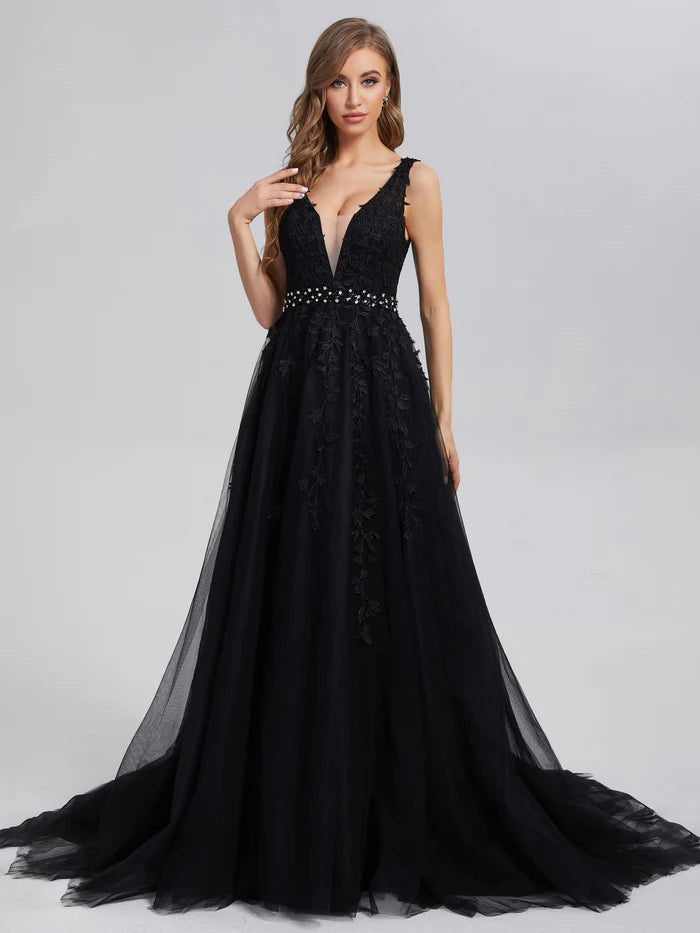 V-neck Backless Appliques Satin Unique Design Full Of Charm Prom Dress