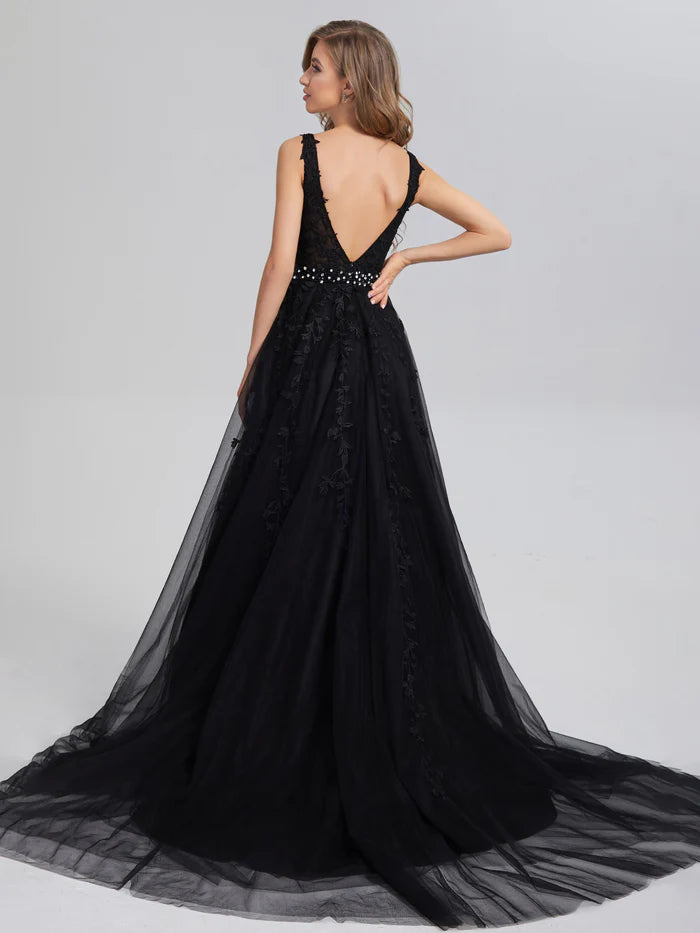 V-neck Backless Appliques Satin Unique Design Full Of Charm Prom Dress