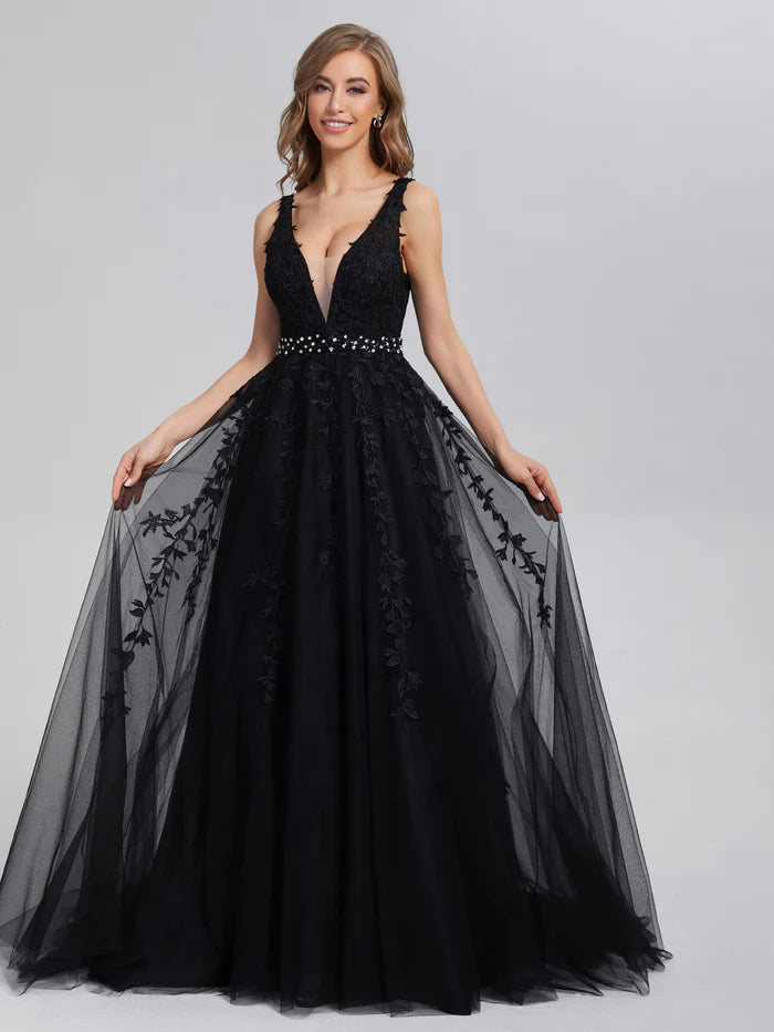V-neck Backless Appliques Satin Unique Design Full Of Charm Prom Dress