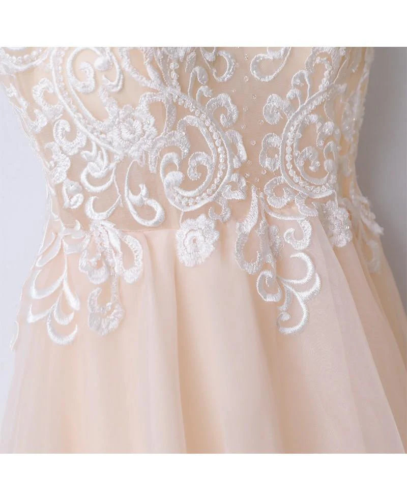 Spaghetti Straps V Neck Tulle Champagne Long Full Of Charm Prom Dress