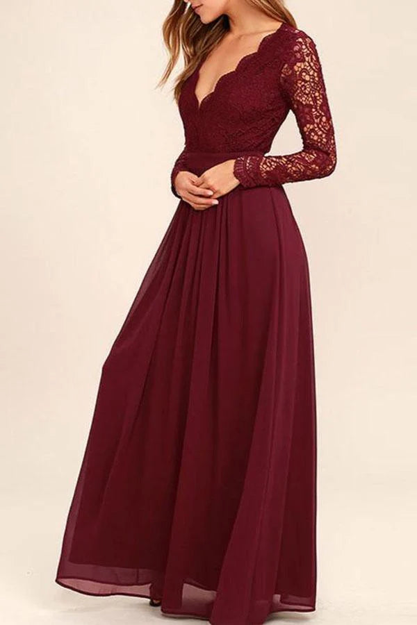 V-neck Long Sleevs Dark Burgundy Full Of Charm Prom Dress