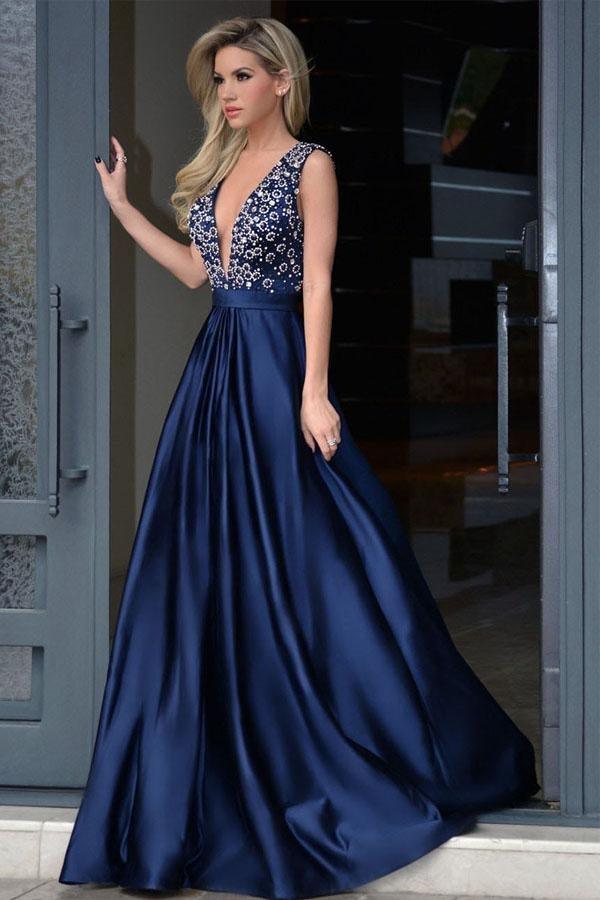 V-neck Royal Blue Satin Beading Full Of Charm Prom Dress