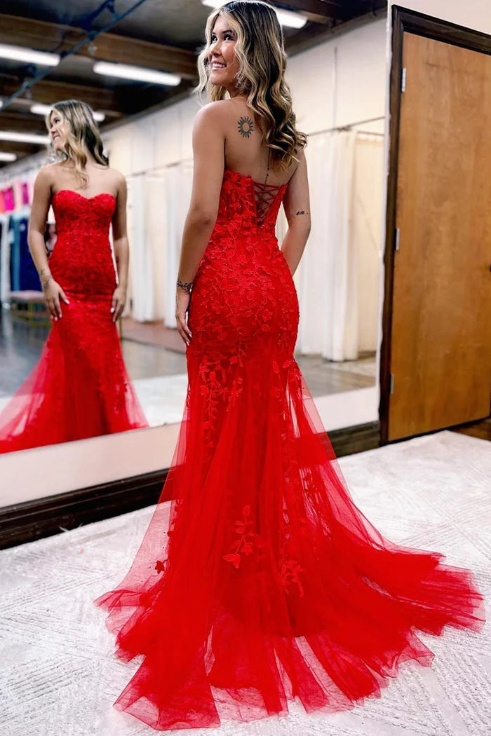 Red Strapless Lace Long Unique Design Full Of Charm Party Dresses