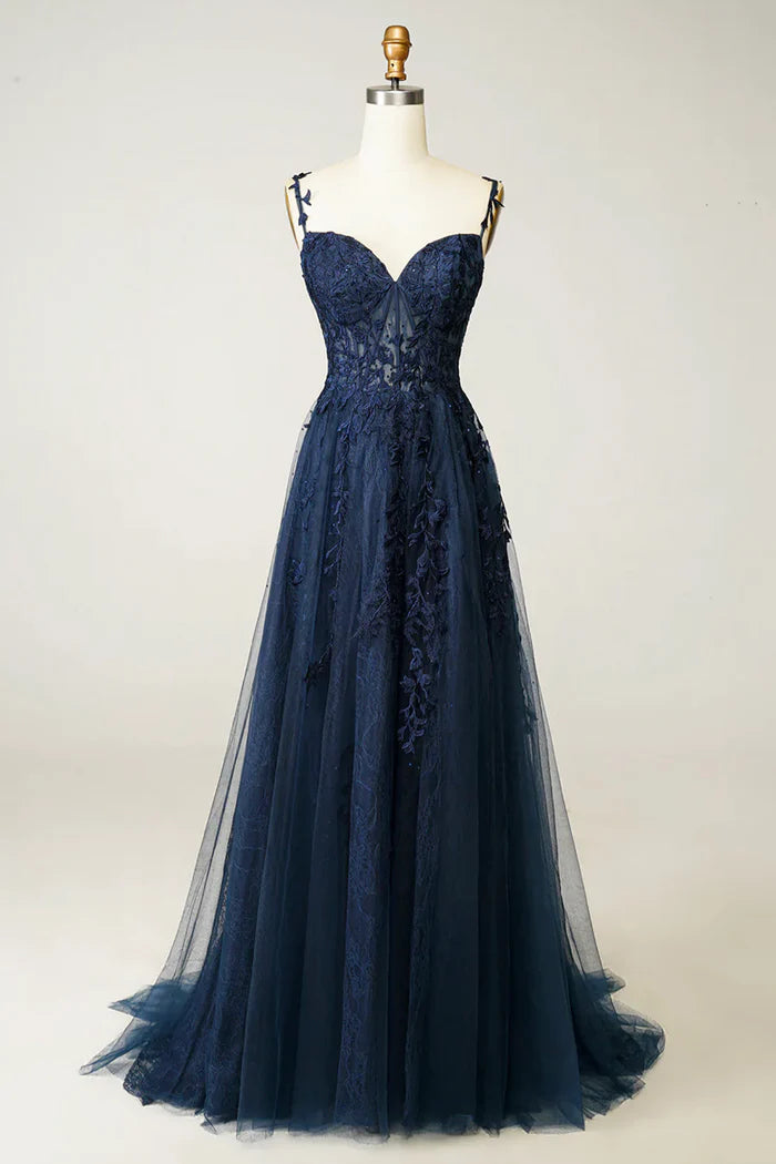 Navy Blue Tulle Lace Long Unique Design Full Of Charm Party Dresses