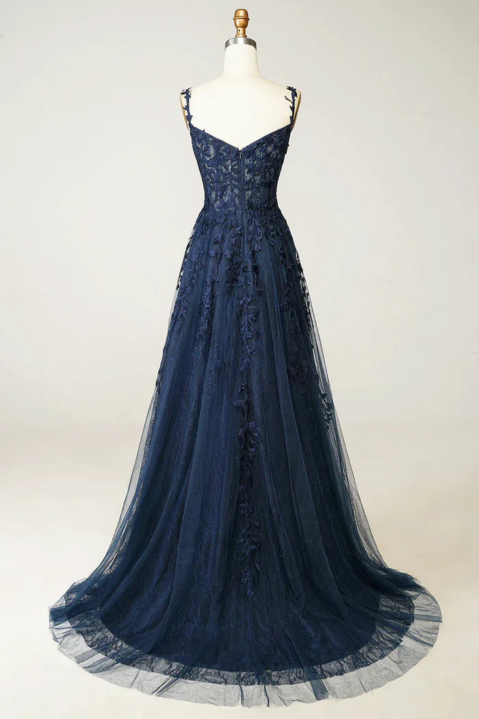Navy Blue Tulle Lace Long Unique Design Full Of Charm Party Dresses