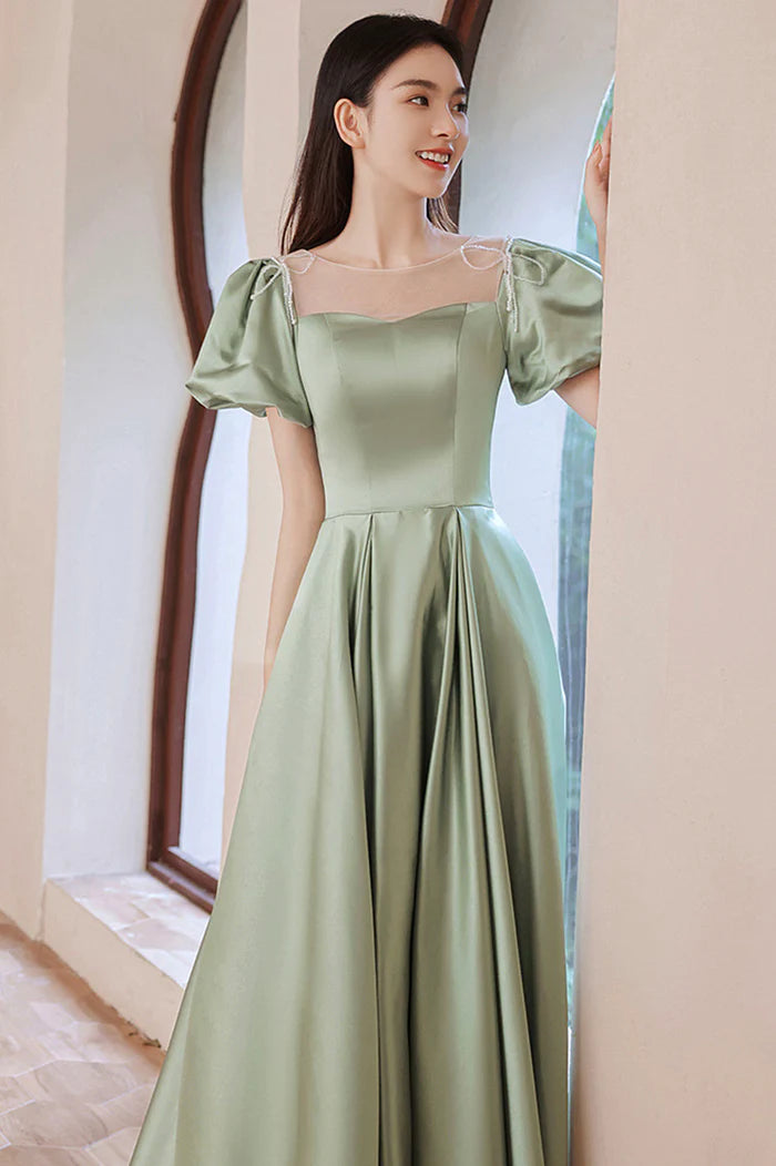 Green Satin Long A-Line Prom Dress, Cute Short Sleeve Evening Dress