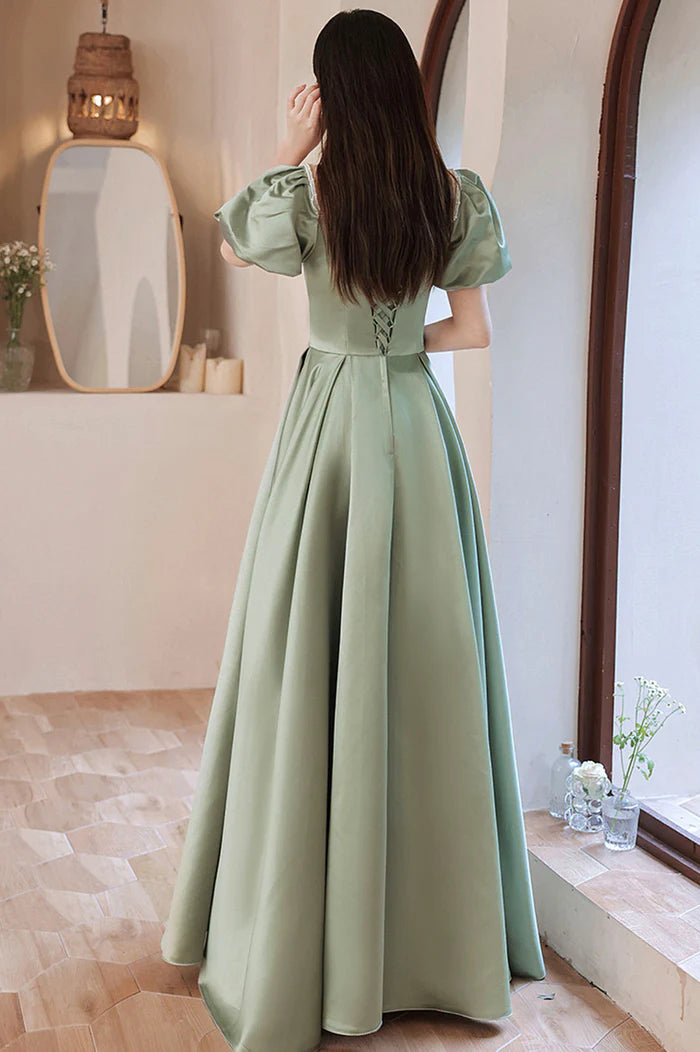 Green Satin Long A-Line Prom Dress, Cute Short Sleeve Evening Dress