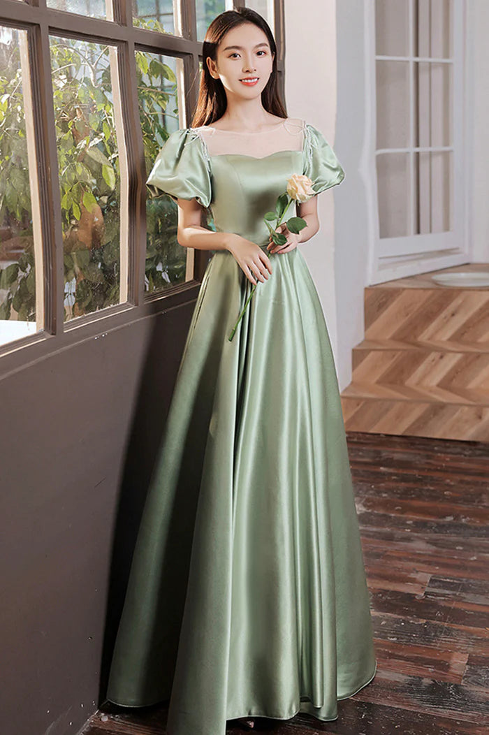 Green Satin Long A-Line Prom Dress, Cute Short Sleeve Evening Dress