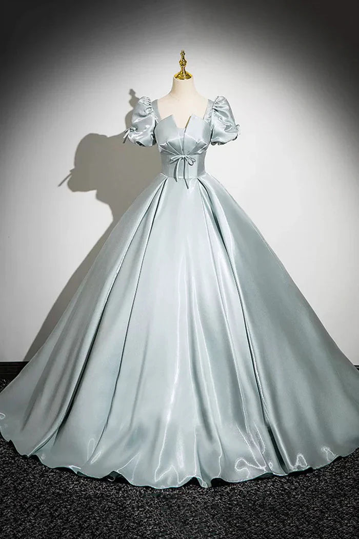 Gray Green Satin Long Unique Design Full Of Charm Prom Dresses