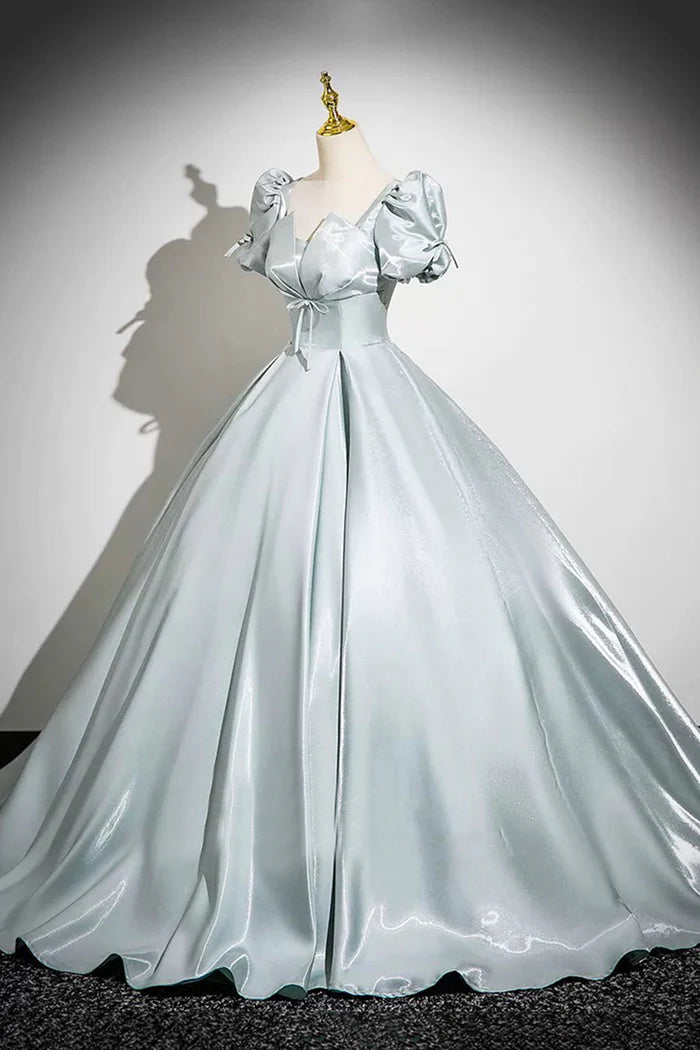 Gray Green Satin Long Unique Design Full Of Charm Prom Dresses