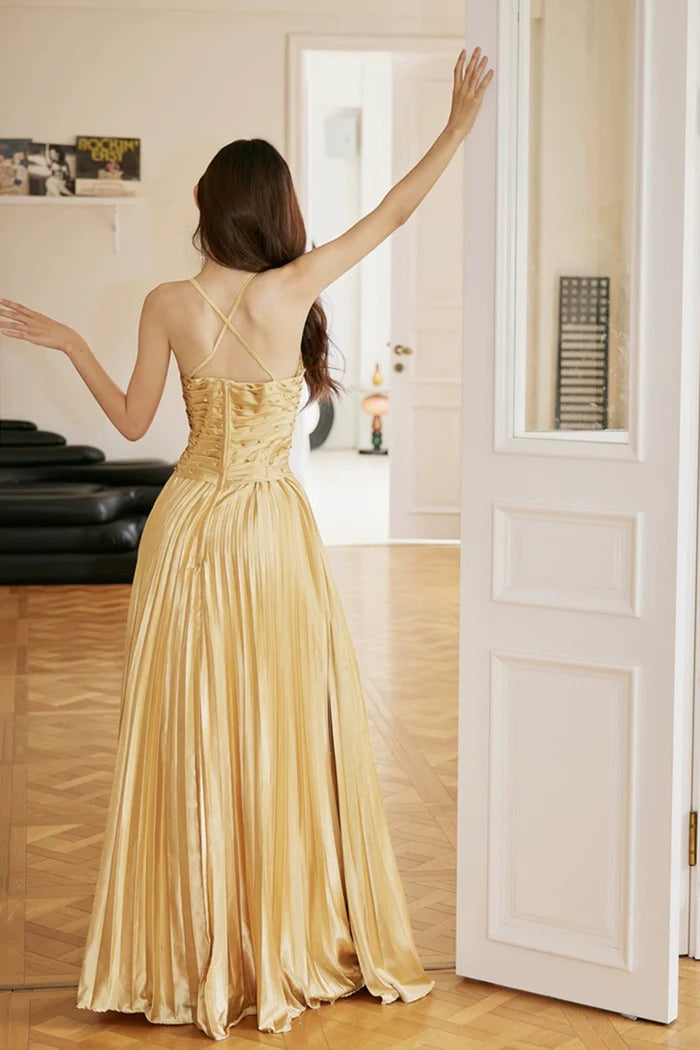 Gold Satin Long Backless Unique Design Full Of Charm Prom Dresses