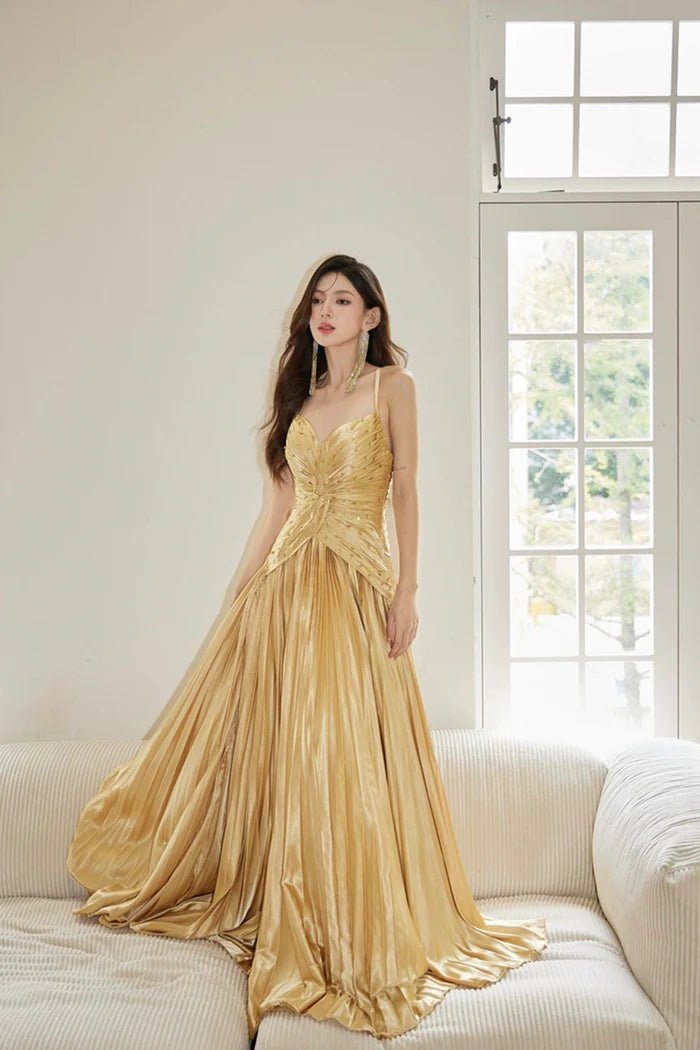 Gold Satin Long Backless Unique Design Full Of Charm Prom Dresses