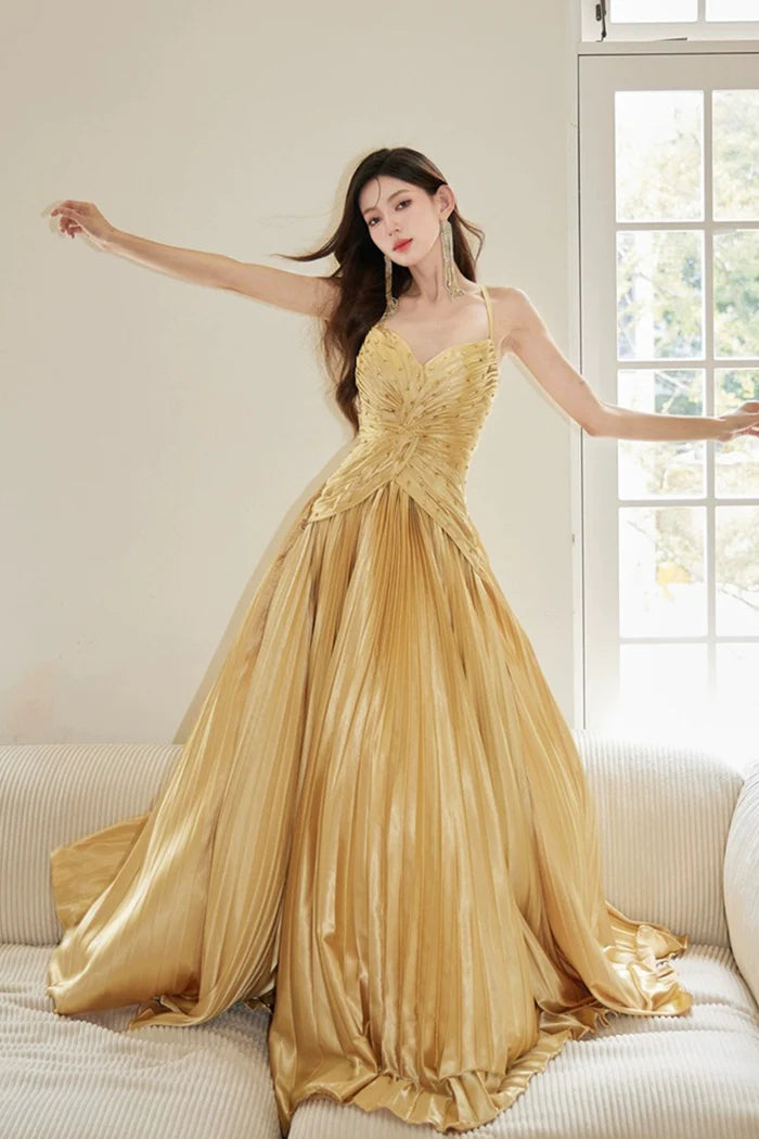 Gold Satin Long Backless Unique Design Full Of Charm Prom Dresses