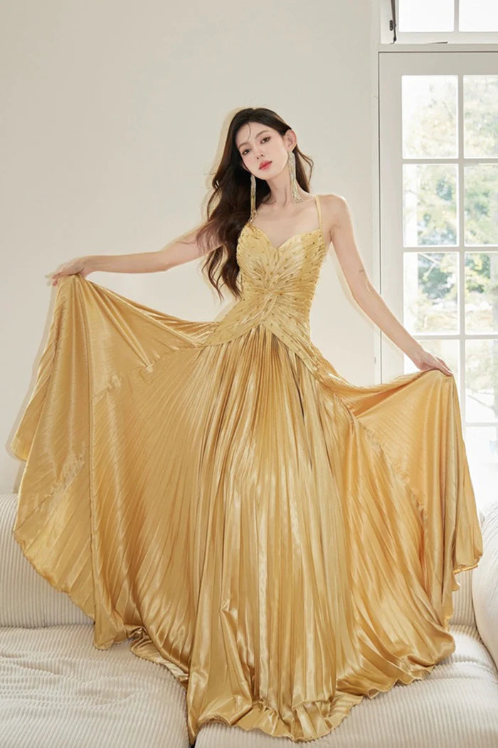 Gold Satin Long Backless Unique Design Full Of Charm Prom Dresses
