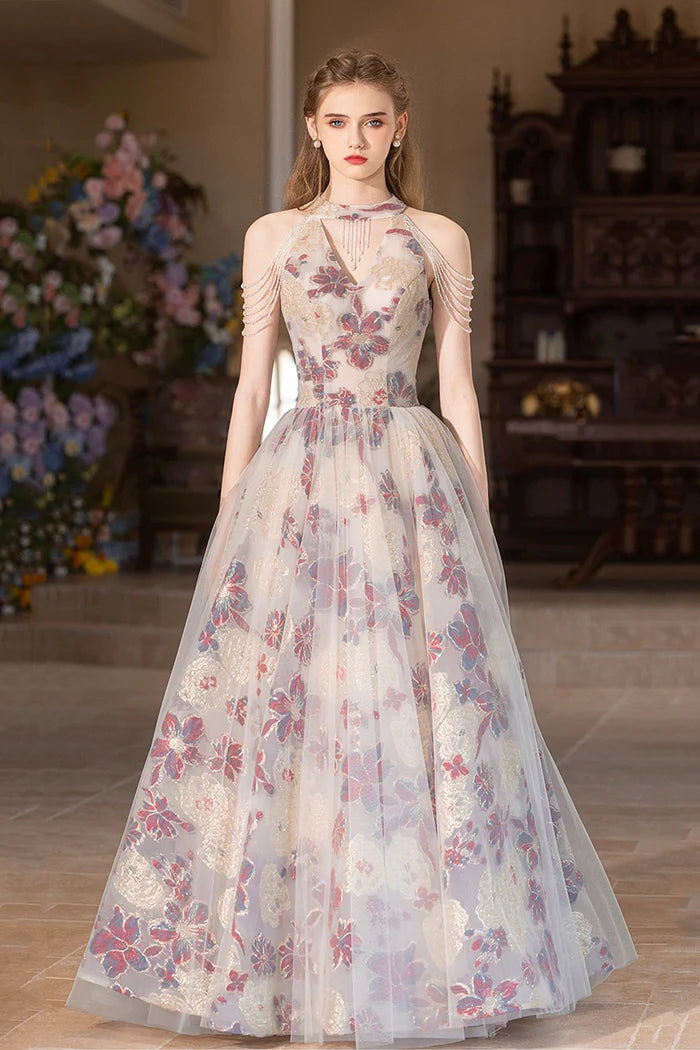 Beautiful Floral Tulle Long Unique Design Full Of Charm Prom Dresses