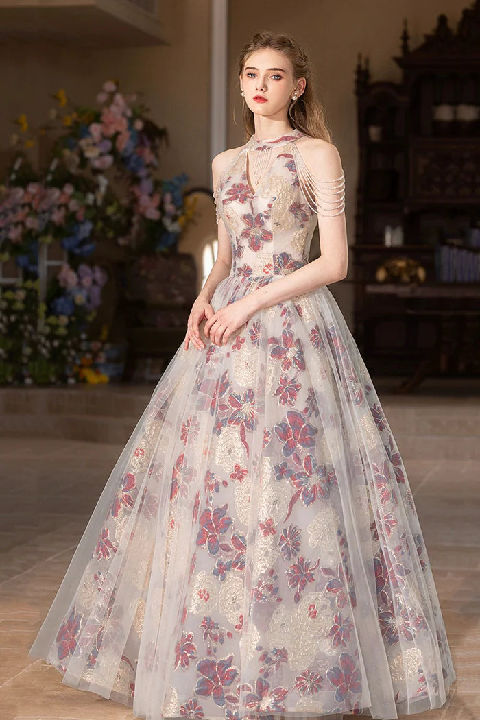 Beautiful Floral Tulle Long Unique Design Full Of Charm Prom Dresses