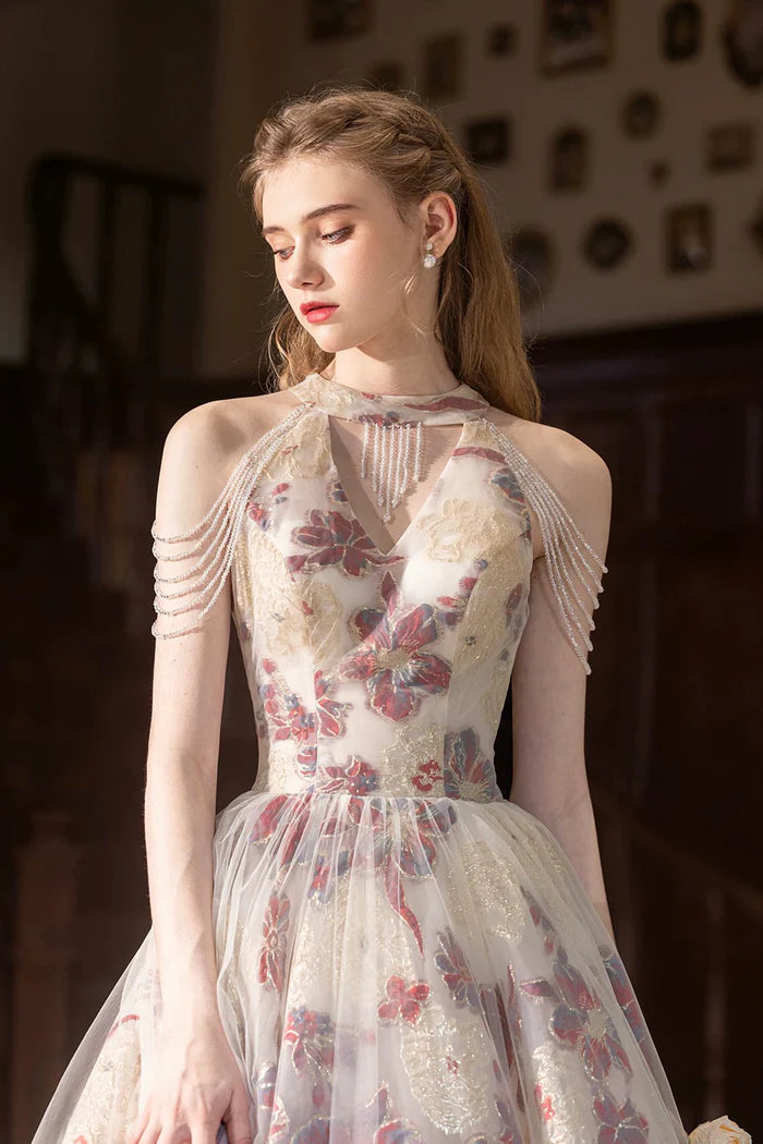 Beautiful Floral Tulle Long Unique Design Full Of Charm Prom Dresses