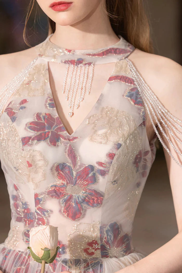 Beautiful Floral Tulle Long Unique Design Full Of Charm Prom Dresses