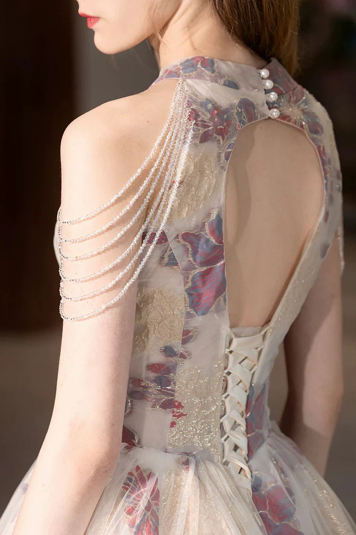 Beautiful Floral Tulle Long Unique Design Full Of Charm Prom Dresses