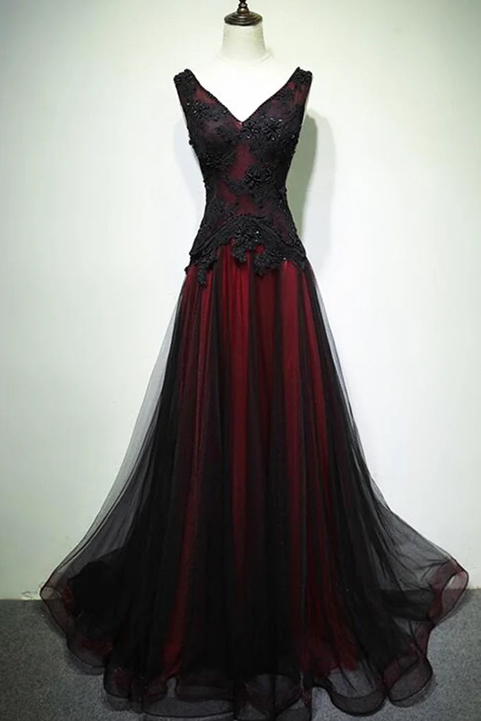 Black and Red V-Neck Tulle Long  Unique Design Full Of Charm Party Dresses