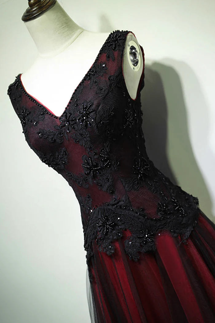 Black and Red V-Neck Tulle Long  Unique Design Full Of Charm Party Dresses
