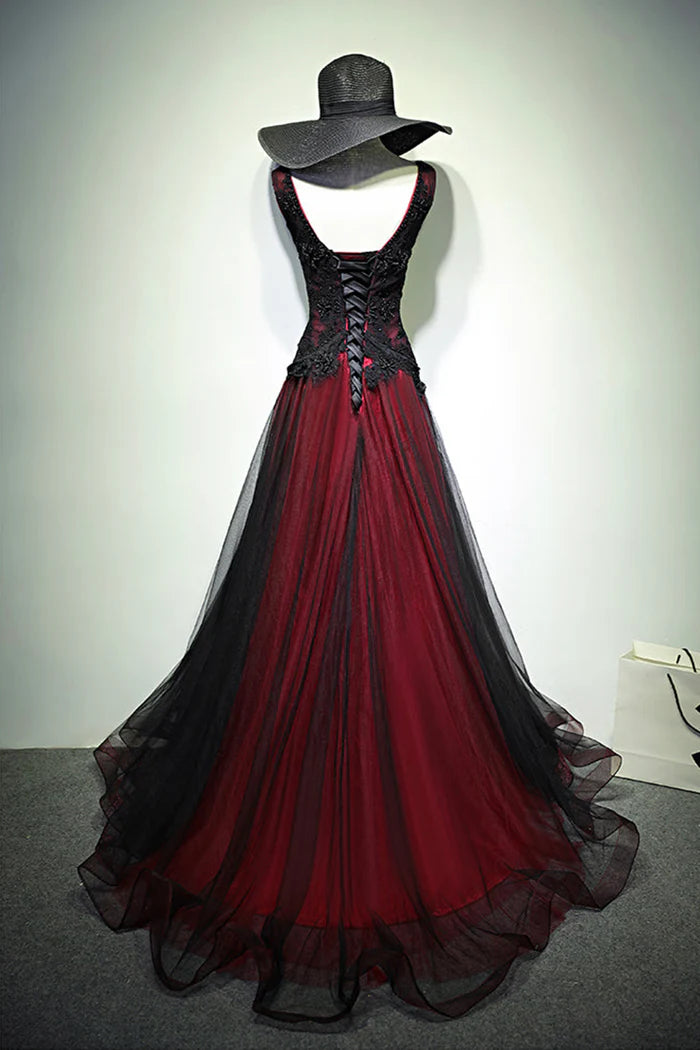 Black and Red V-Neck Tulle Long  Unique Design Full Of Charm Party Dresses