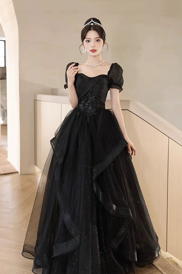 Black Tulle Lace Short Sleeve Floor Length Full Of Charm Prom Dresses