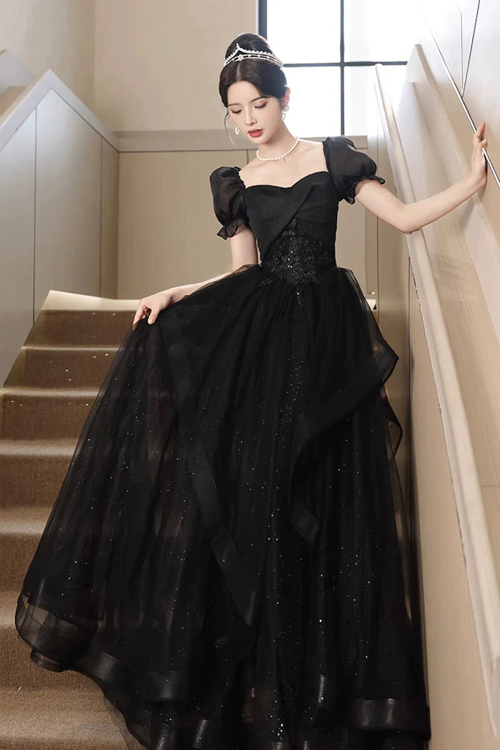 Black Tulle Lace Short Sleeve Floor Length Full Of Charm Prom Dresses