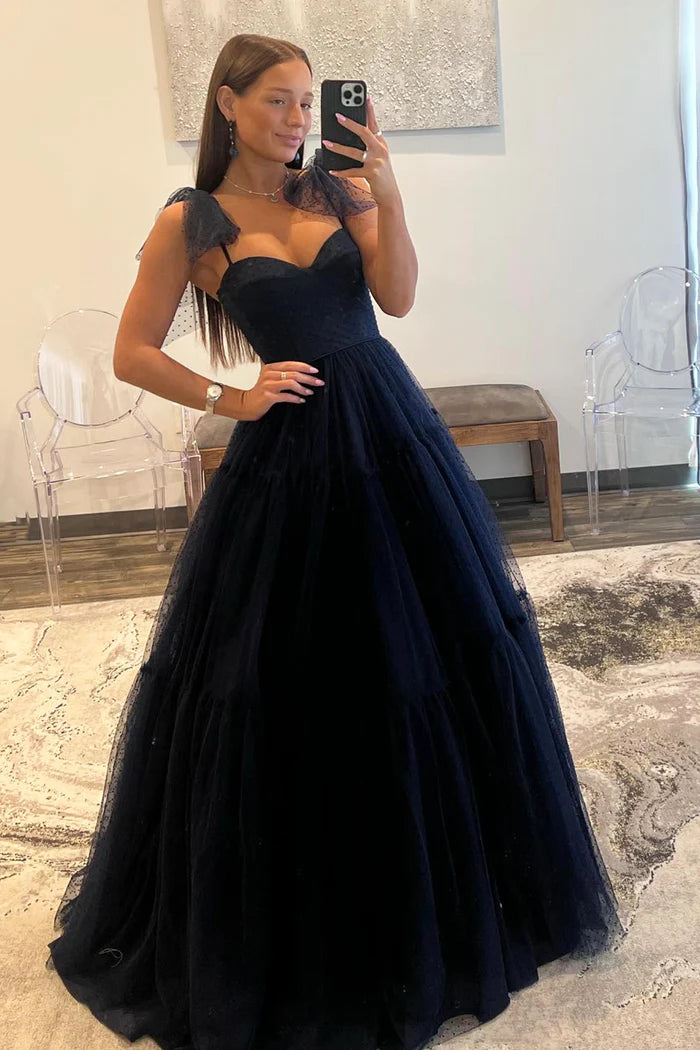 Navy Blue Tulle Long Unique Design Full Of Charm Party Dresses