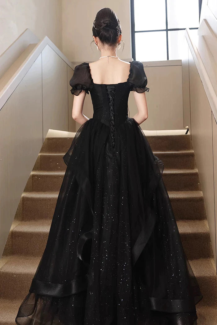 Black Tulle Lace Short Sleeve Floor Length Full Of Charm Prom Dresses
