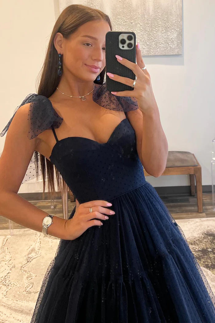 Navy Blue Tulle Long Unique Design Full Of Charm Party Dresses