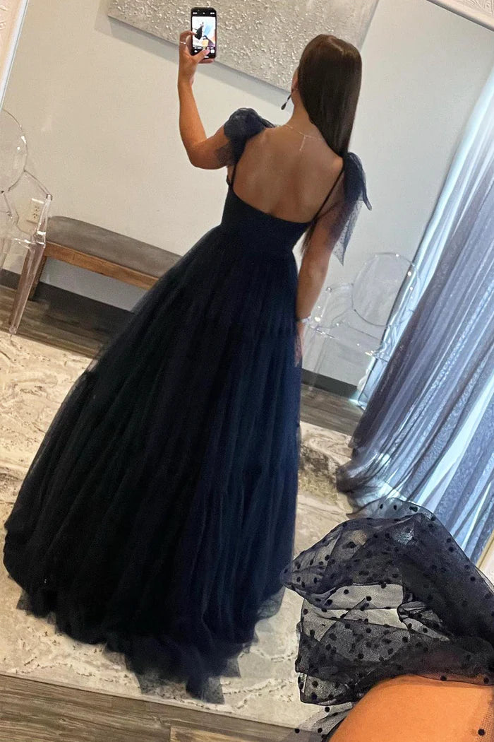 Navy Blue Tulle Long Unique Design Full Of Charm Party Dresses