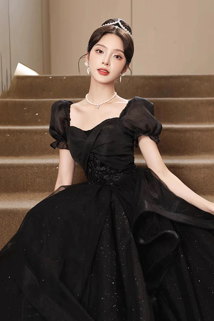 Black Tulle Lace Short Sleeve Floor Length Full Of Charm Prom Dresses