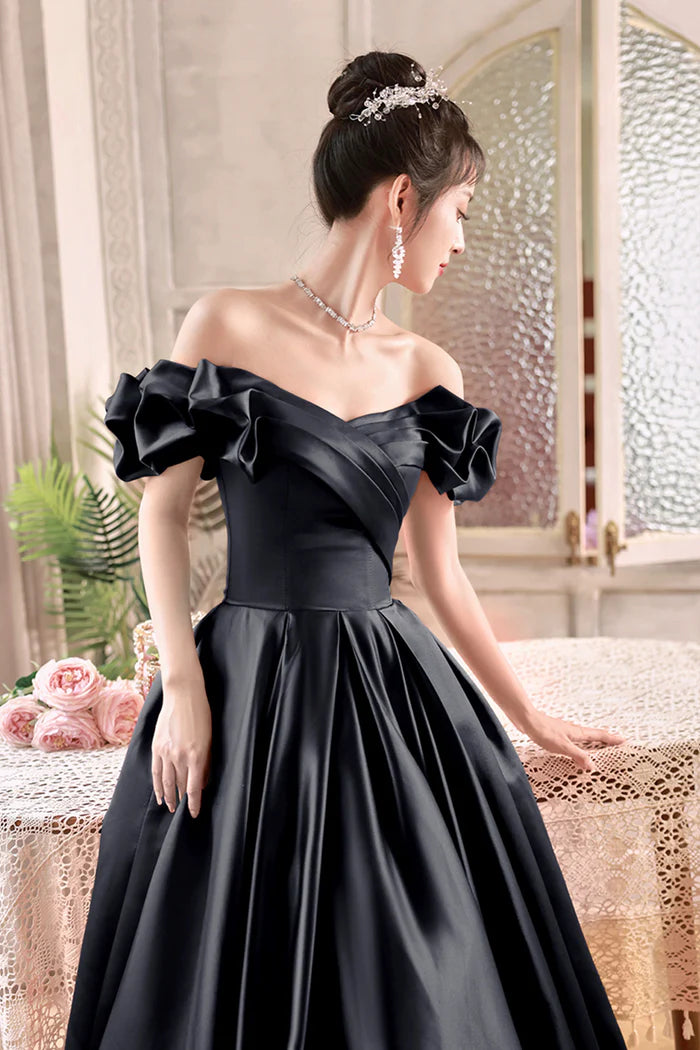 Black Satin Floor Length A-Line Full Of Charm Prom Dresses