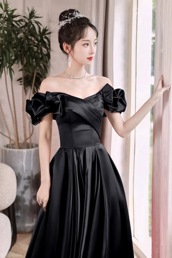 Black Satin Floor Length A-Line Full Of Charm Prom Dresses