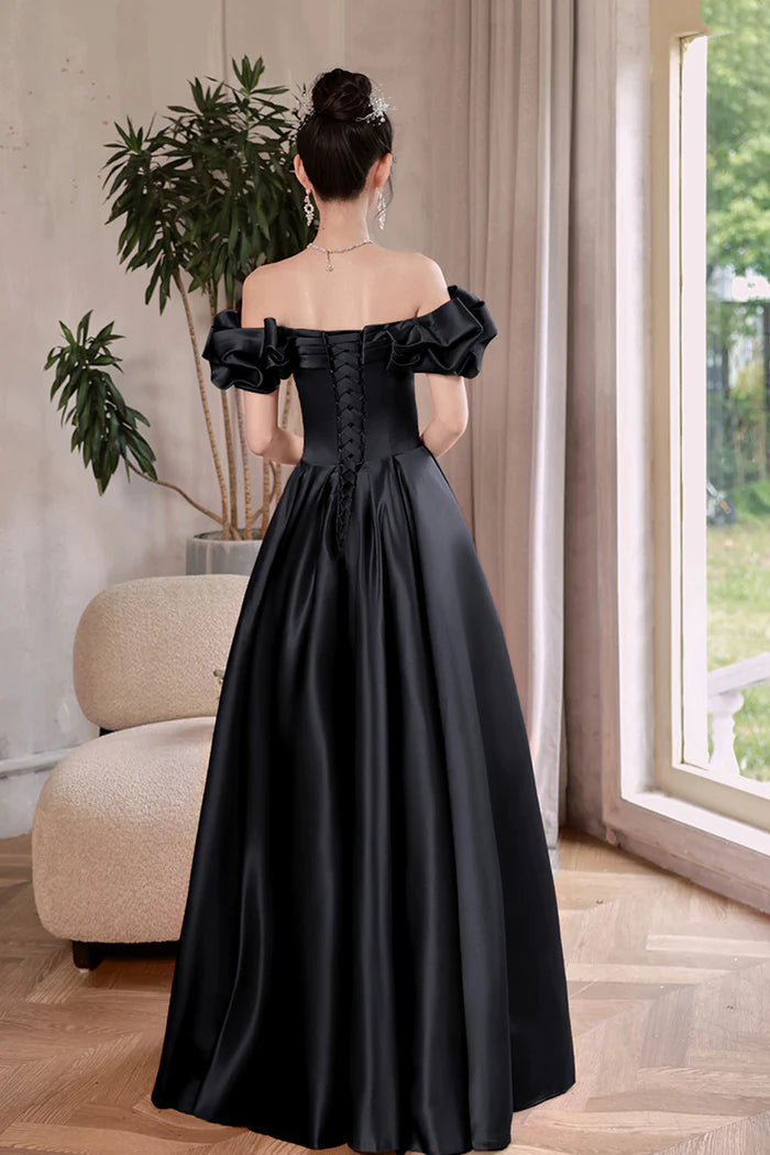 Black Satin Floor Length A-Line Full Of Charm Prom Dresses