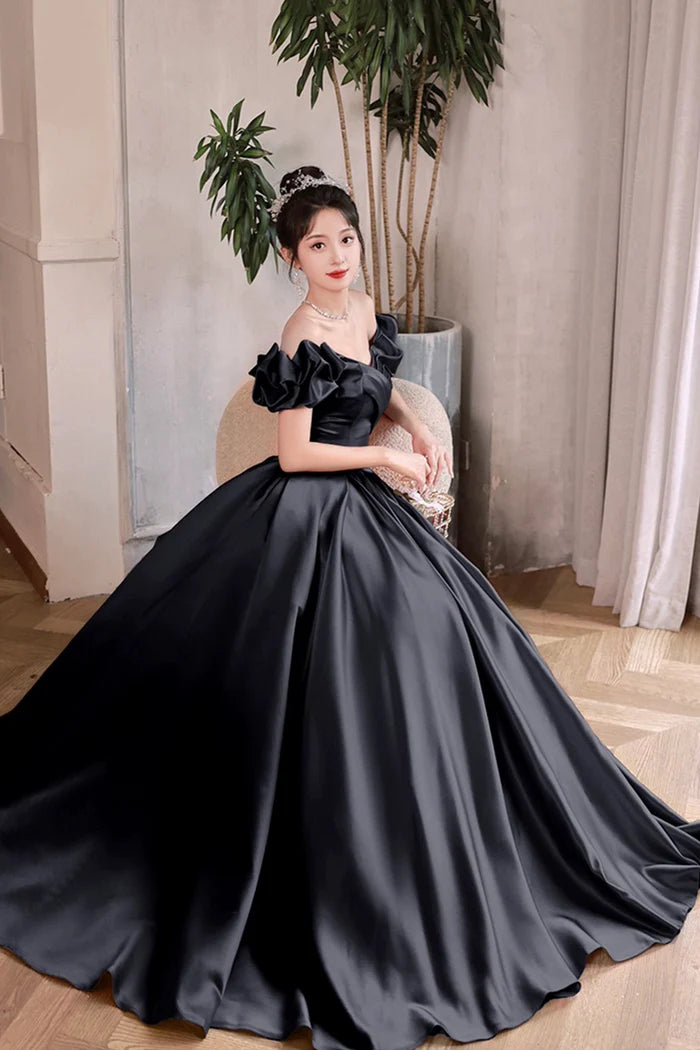 Black Satin Floor Length A-Line Full Of Charm Prom Dresses