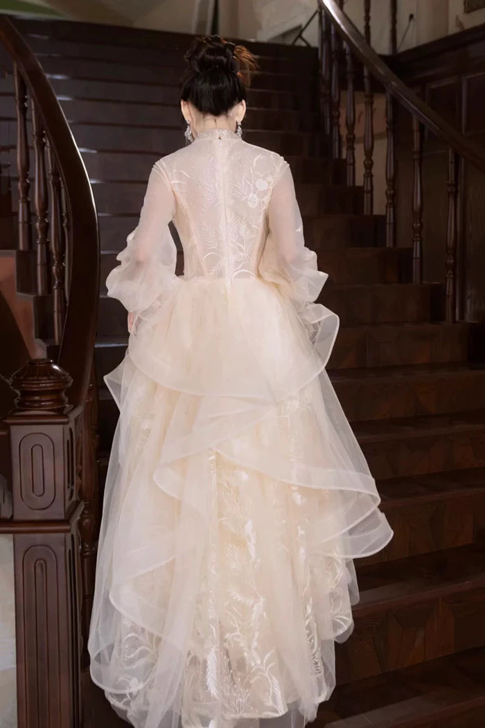 Champagne Tulle Lace Long Prom Dress, Beautiful Long Sleeve Evening Party Dress