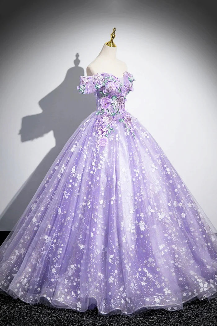 Purple Off Shoulder Lace Floor Length Party Dress, Beautiful Sweet 16 Dress Party Dress