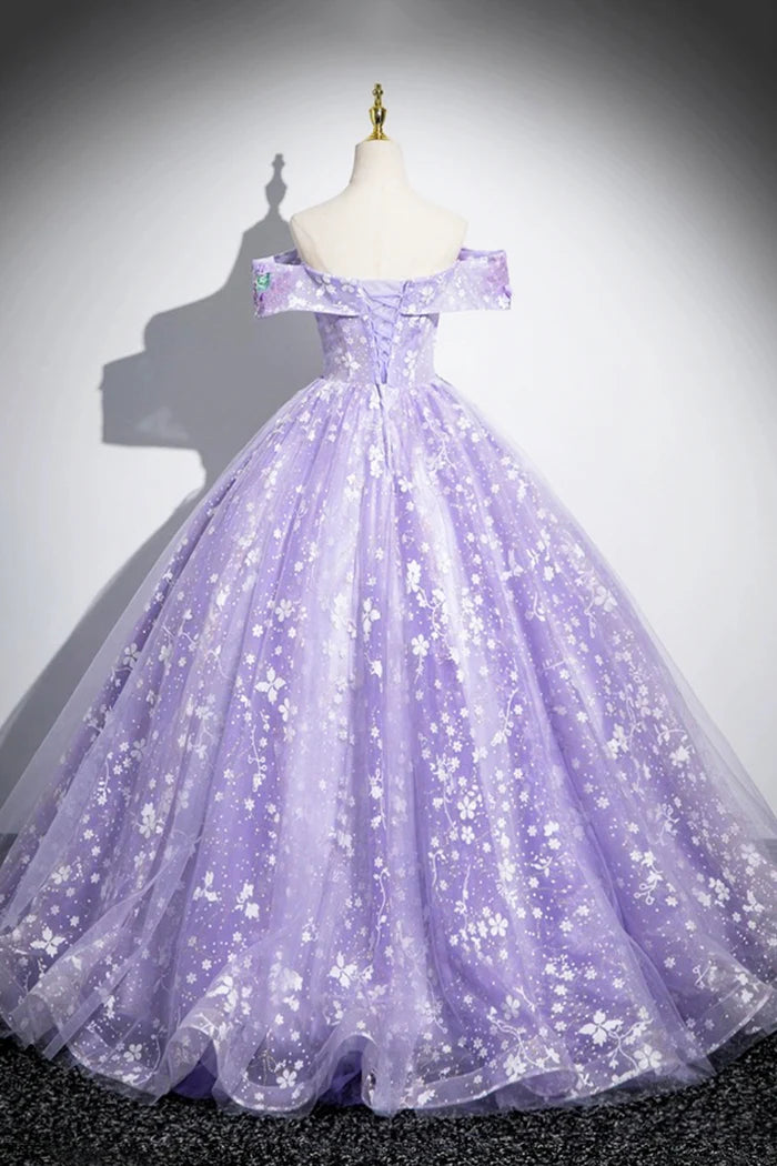 Purple Off Shoulder Lace Floor Length Party Dress, Beautiful Sweet 16 Dress Party Dress
