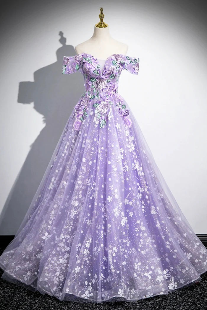 Purple Off Shoulder Lace Floor Length Party Dress, Beautiful Sweet 16 Dress Party Dress