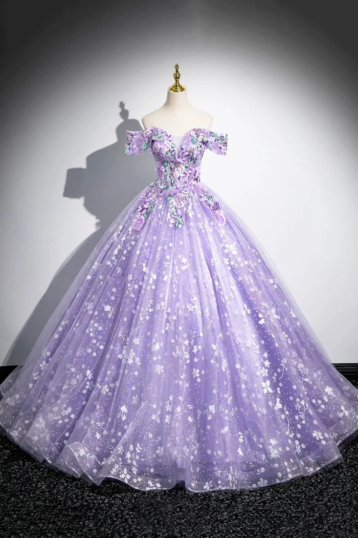 Purple Off Shoulder Lace Floor Length Party Dress, Beautiful Sweet 16 Dress Party Dress
