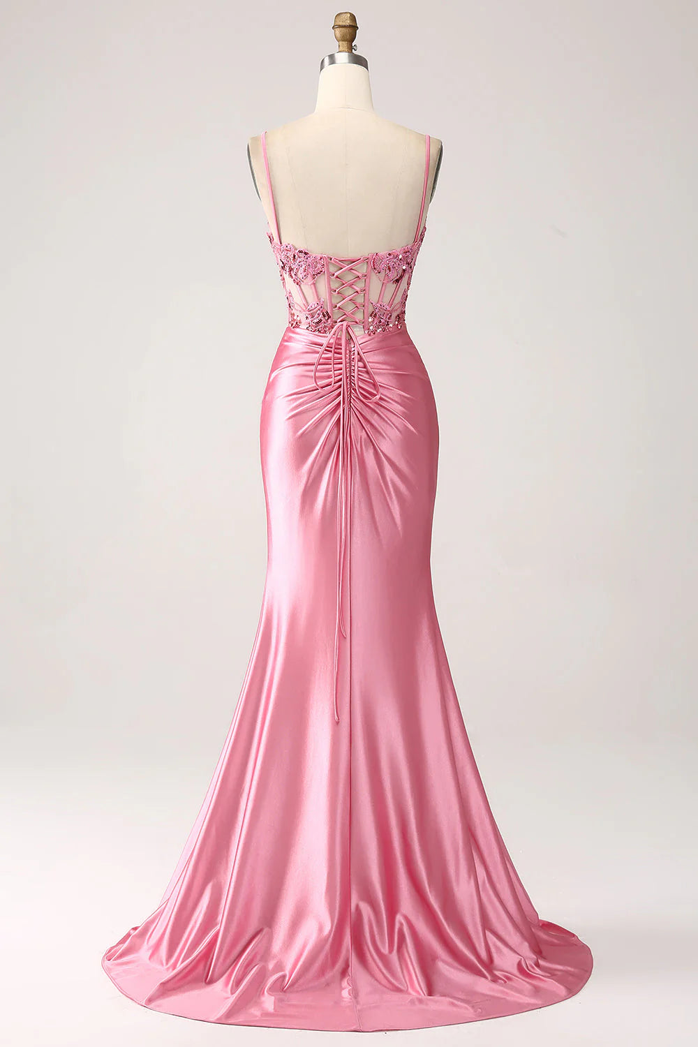 Pink Mermaid Spaghetti Straps Sequin Corset  Full Of Charm Prom Dress