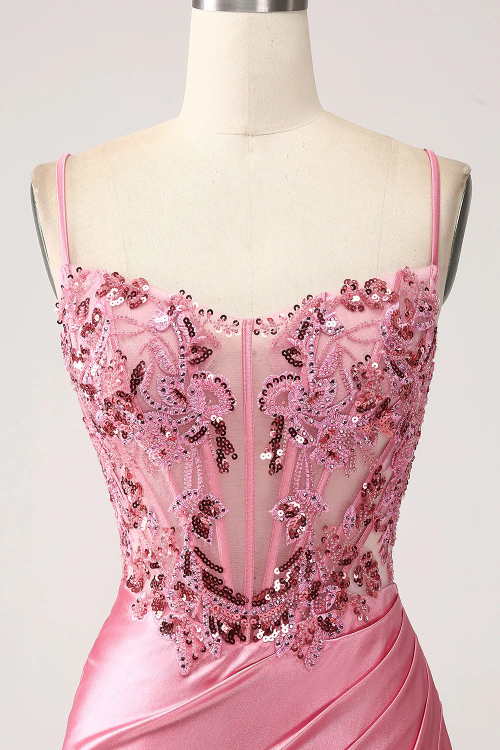 Pink Mermaid Spaghetti Straps Sequin Corset  Full Of Charm Prom Dress